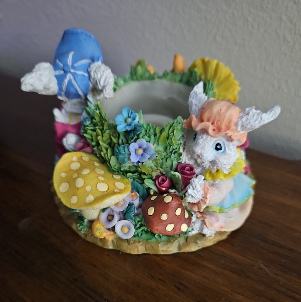 2 Bunnies With Flowers & Mushrooms Candle Holder Spring & Easter